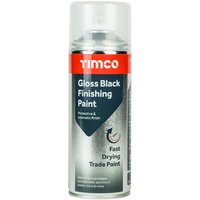 TIMCO Gloss Black Finishing Paint aerosol can with red label and fast drying trade paint text.