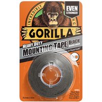 Gorilla Glue black heavy-duty mounting tape roll in orange packaging with gorilla logo and "Even Stronger" label.