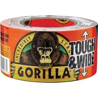 Gorilla Tape roll, wide black tape with orange packaging featuring a gorilla logo and "Tough & Wide" text.
