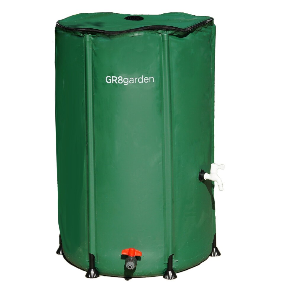 Green collapsible 250L water butt made of PVC, featuring a drain tap and sturdy base, designed for efficient water storage in gardens.