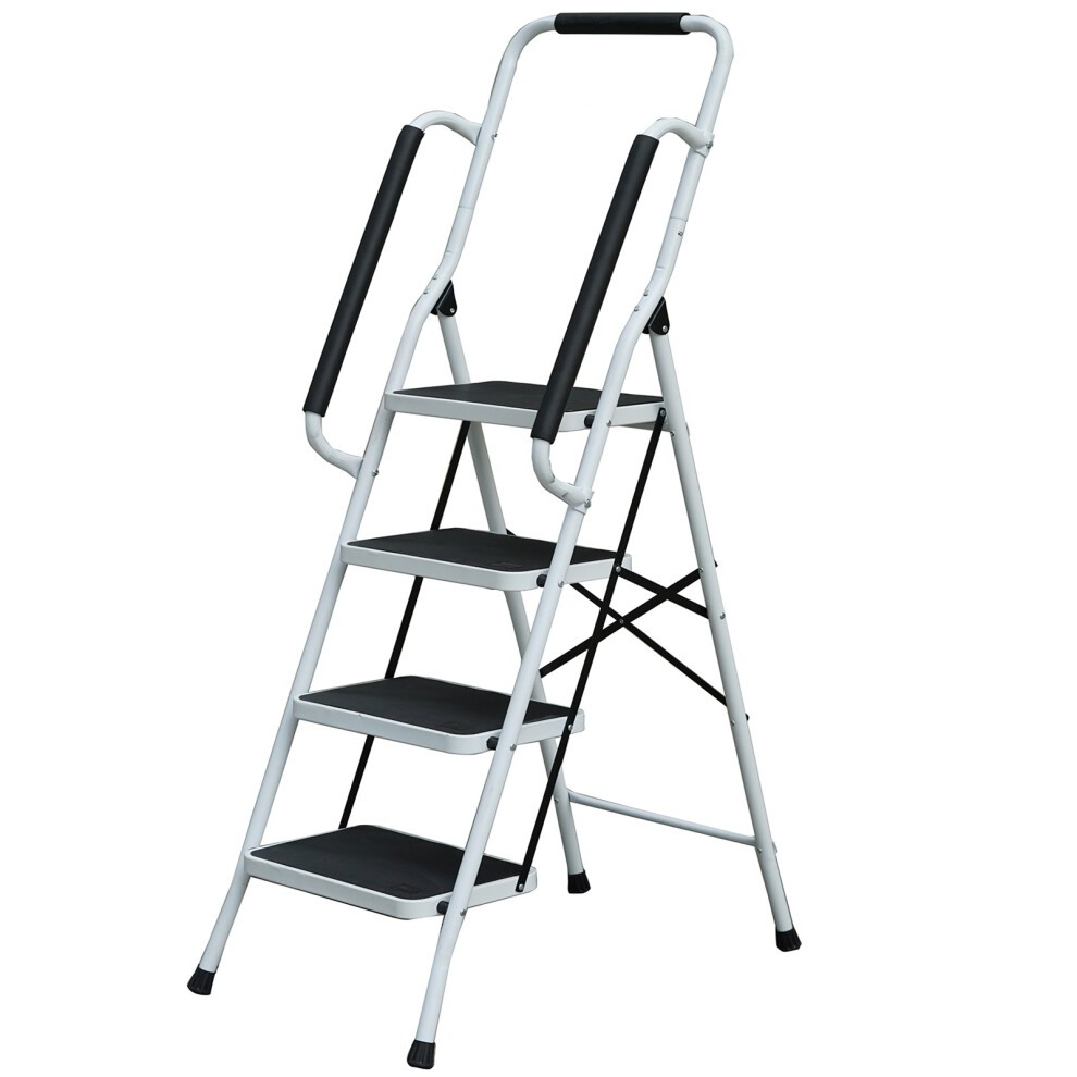 White steel folding ladder with four non-slip black treads and a sturdy handrail, designed for home DIY use.