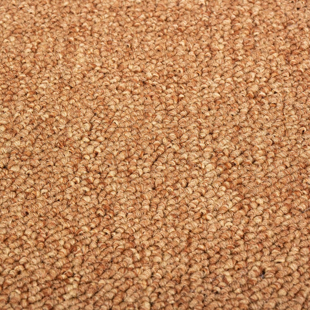 Textured, heavy-duty carpet tiles in a warm beige color, made from durable material, designed for flooring, featuring a woven pattern for added grip and style.