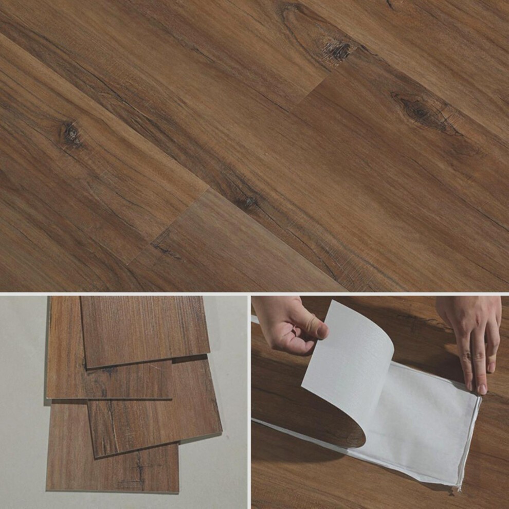 Self-adhesive PVC flooring tiles in brown old oak finish, featuring a textured wood grain design, with four planks displayed, highlighting easy peel-and-stick application.
