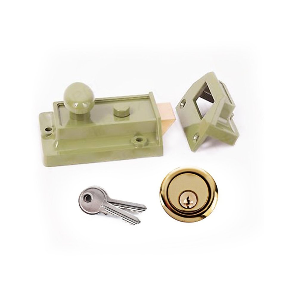 Traditional 60mm night latch in a translucent green casing, featuring a round knob, a gold circular keyhole, and two silver keys, designed for easy installation.