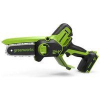 Greenworks 24V mini chainsaw, lime green and black, 10cm blade, ergonomic handle, bare unit without battery.