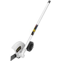 Greenworks edger attachment with white shaft, black wheel, and protective blade guard for split shaft line trimmer.