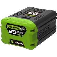 Greenworks GWG60B2 60V 2Ah battery, green and black casing, LED charge indicator, compact rectangular design.