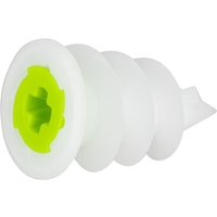 White plastic self-drive plasterboard fixing with green interior, helical design, and pointed tip.