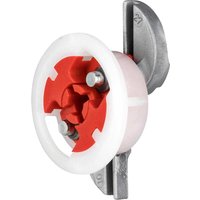 Red and white Gripit plasterboard fixing with circular design and metal components.