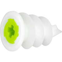 White plastic self-drive plasterboard fixing with green center, spiral design, and pointed tip.
