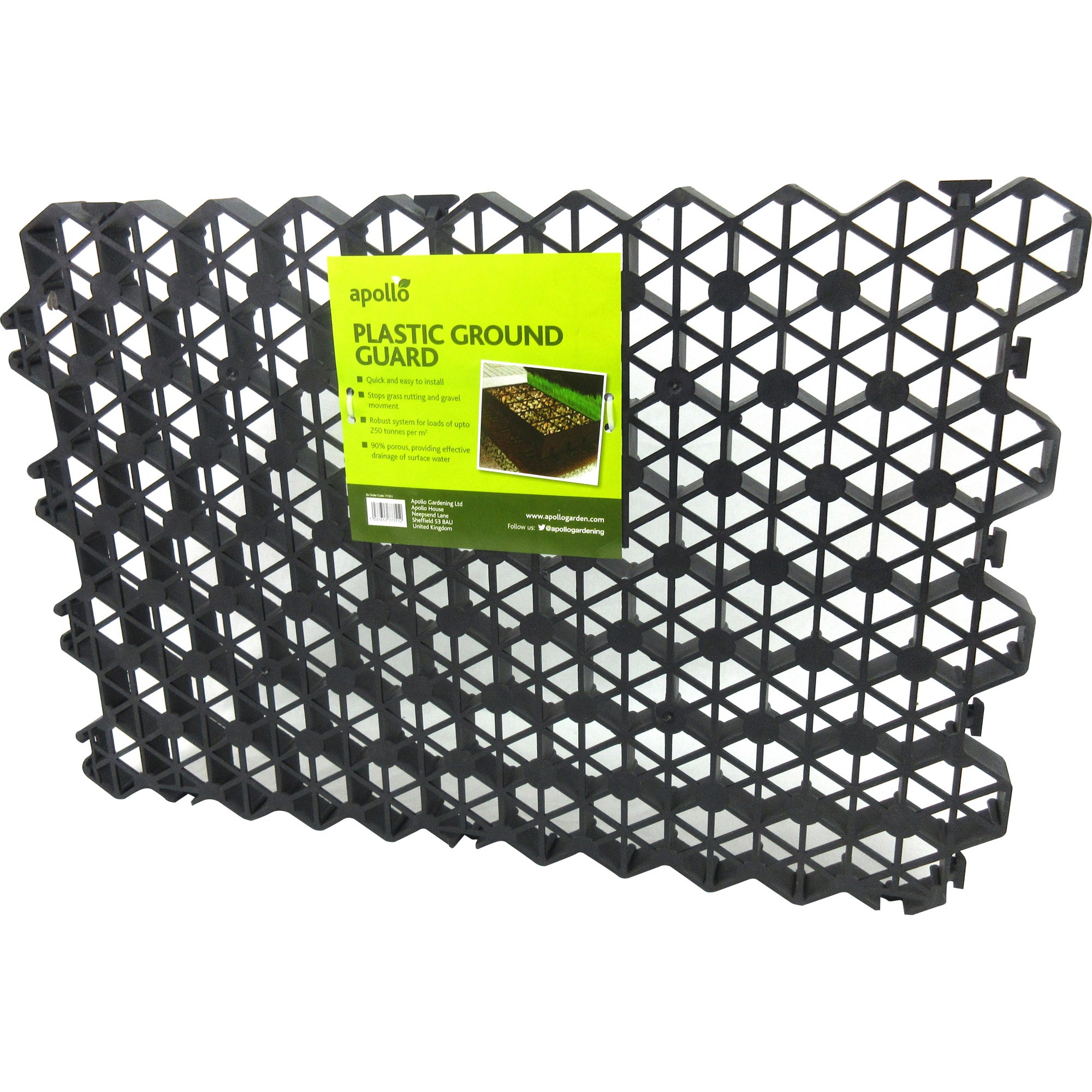 Black plastic ground stabiliser with honeycomb pattern, measuring 59cm x 39cm, featuring a green label detailing product information.