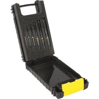 Black Guhring 6-piece spiral point tap set in a hard plastic case with foam insert, sizes M3 to M10, yellow label.