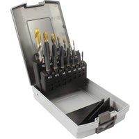 Guhring 12-piece spiral point drill and tap set in a gray case, featuring gold and black drill bits labeled M3 to M10.