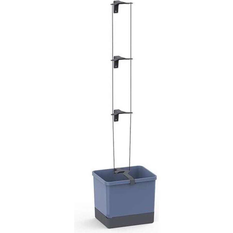 Blue rectangular planter with a dark base, featuring a vertical support system with clips for climbing plants, designed for growing cucumbers.