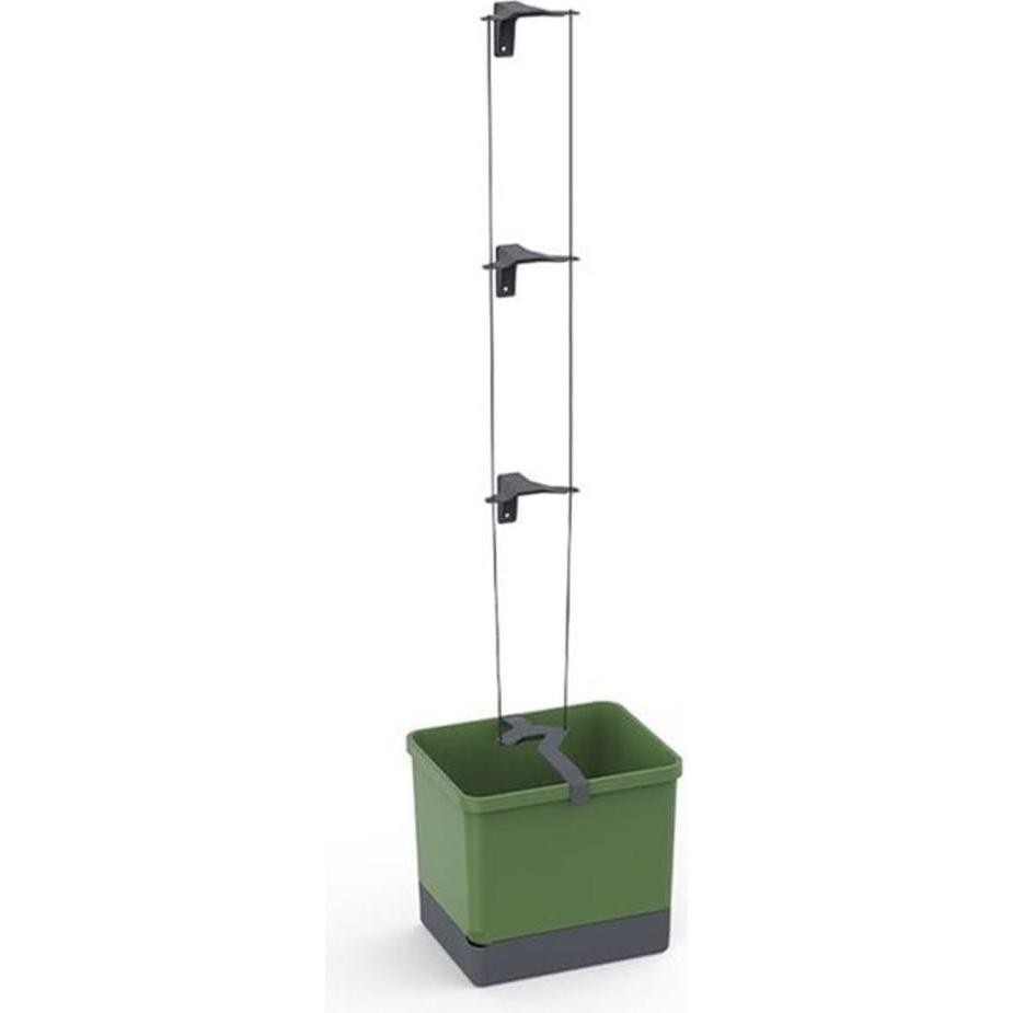 Green rectangular flower pot with a dark gray base, featuring a hanging system with adjustable clips and cords for vertical gardening.