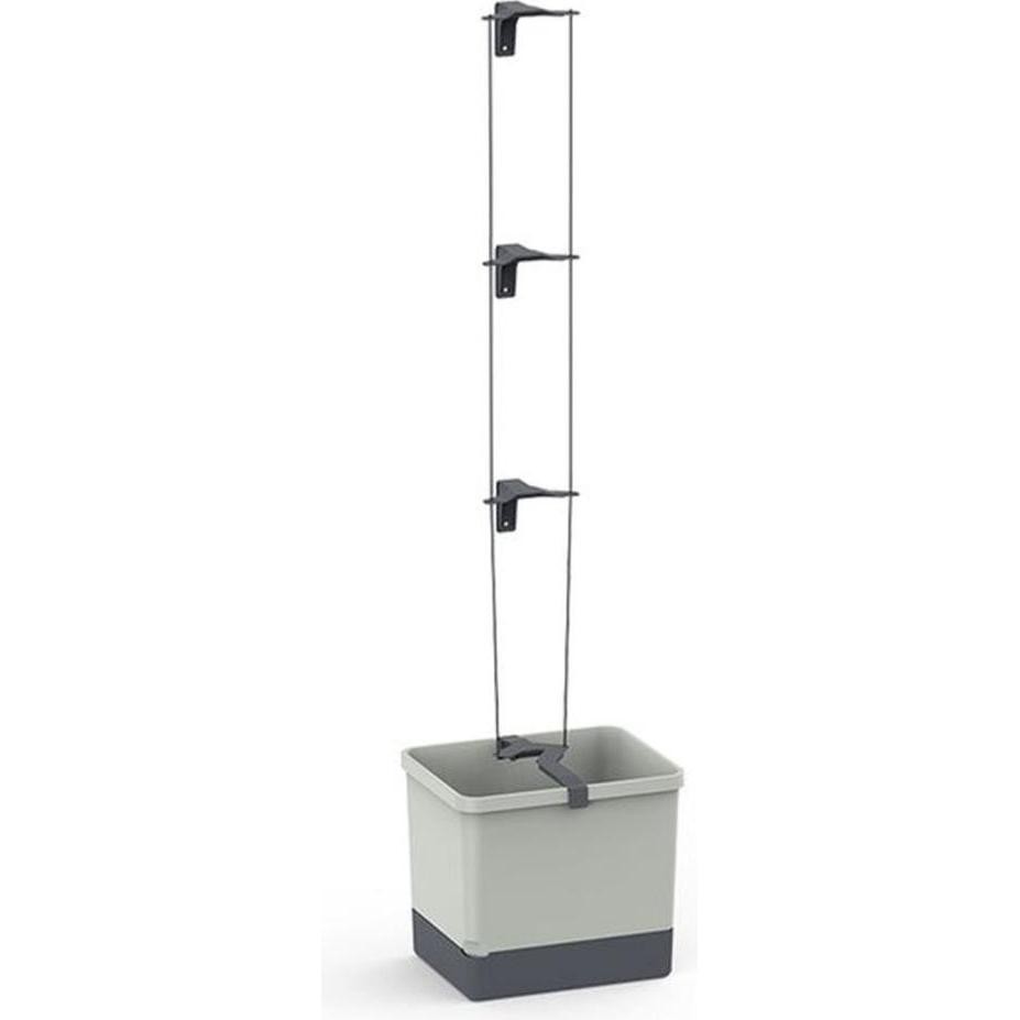 Gray rectangular plant pot with a dark base, featuring vertical support clips and strings for growing cucumbers, measuring 28.70cm in height and 33.50cm in width.