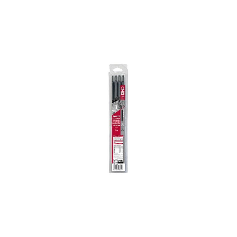 Pack of nine 3.2mm cast iron electrodes by Gys Welding, featuring a clear plastic packaging with a red and white label, showcasing the product details and specifications.