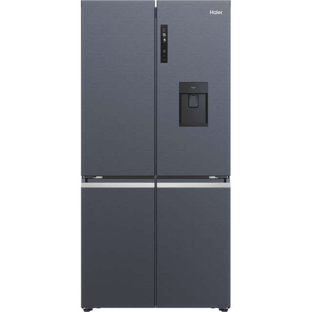 Brushed black Haier HCR5919EHMB Cube 90 Series 5 American fridge freezer with four doors, water dispenser, and sleek digital control panel.