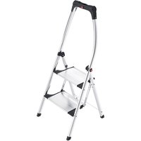 Hailo aluminium step ladder with two wide steps, black handle, and non-slip feet.