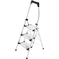 Hailo aluminium step ladder with three wide steps, black handle, and non-slip feet.