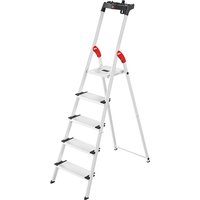 White Hailo step ladder with five steps, red safety grips, and black top tray, supports up to 150 kg.