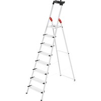 White Hailo ladder with 8 steps, red safety grips, and black top tray, designed for 150 kg max load.