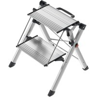 Silver Hailo step stool with two ribbed aluminum steps, black accents, and a handle, platform height 440 mm.