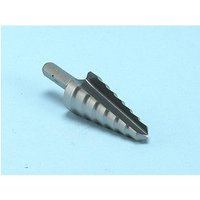 Halls XS820 high-speed steel step drill, silver with fluted design, 8-20mm size range, on a light blue background.