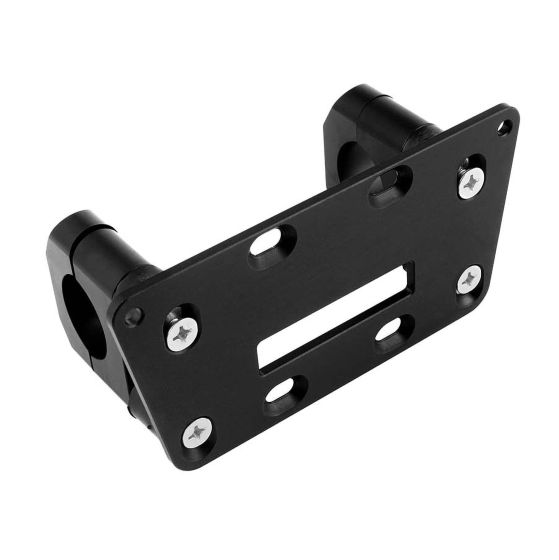 Haltech Roll Cage Mount in black aluminum, designed for Nexus PD16 PDM, featuring two 1 1/4 inch (31.8mm) diameter tube clamps and multiple mounting holes for secure installation.