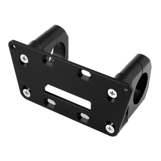 Black aluminum roll cage mount with two cylindrical clamps for 1 5/8 inch tubes, featuring a rectangular cutout and multiple screw holes for secure attachment.