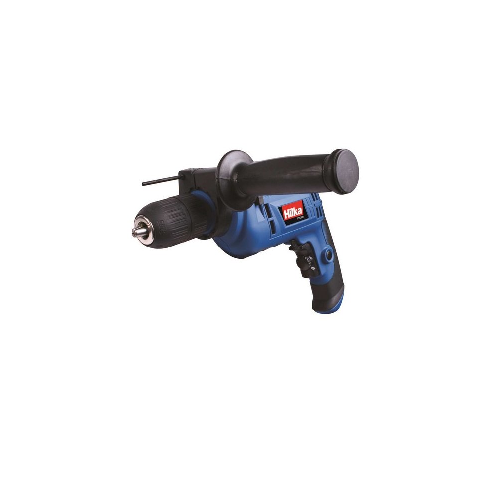 Hilka 600W hammer drill in blue with a black handle, keyless chuck, and side handle for added control, designed for drilling and hammering tasks.