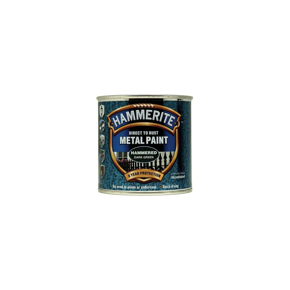 Dark green metal paint can with a hammered finish, labeled "Hammerite Direct to Rust Metal Paint," featuring a silver lid and detailed branding on the front.