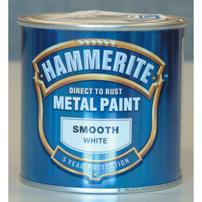 Hammerite 5084857 Direct to Rust Smooth Finish Metal Paint in a 250ml can, featuring a blue label with white text and a smooth finish designation.