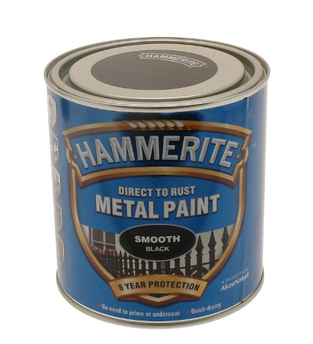 Hammerite 5084863 Direct to Rust Smooth Finish Metal Paint in a 250ml tin, featuring a blue label with black text, showcasing a smooth black paint suitable for metal surfaces.