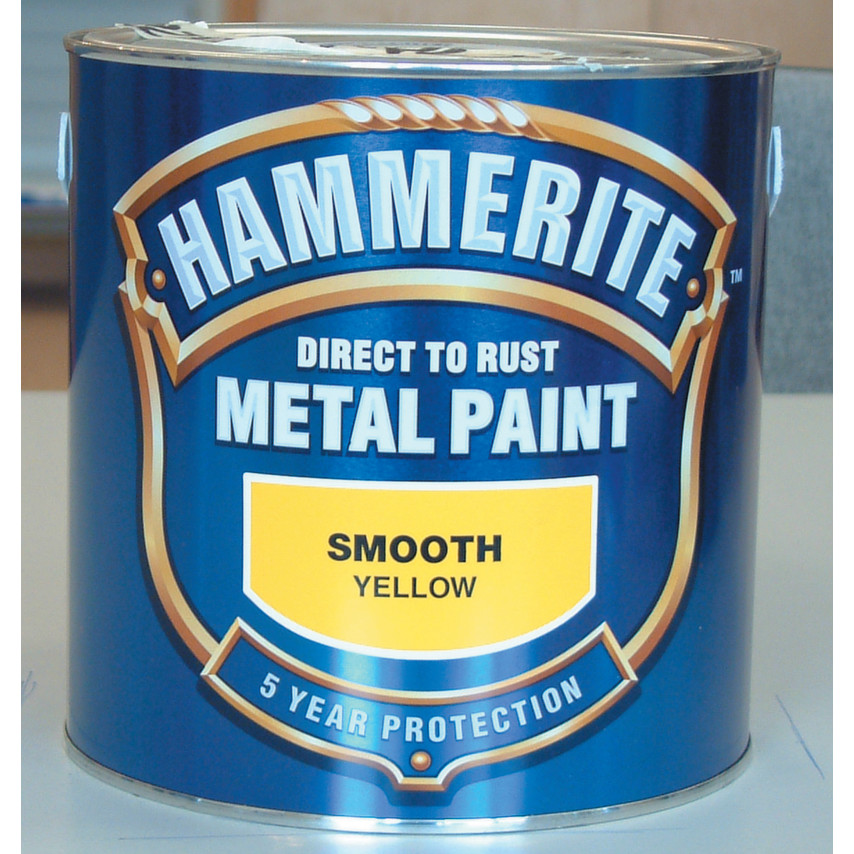 Yellow metal paint can featuring "Hammerite Direct to Rust Smooth Finish" label with blue background and "5 Year Protection" text at the bottom.