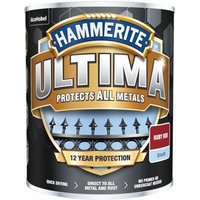 Hammerite Ultima Metal Paint Smooth Ruby Red 750ml can with protective metal fence graphic and bold branding.