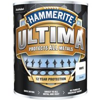 Hammerite Ultima Metal Paint Smooth White 750ml can with bold blue and gold label, black background.