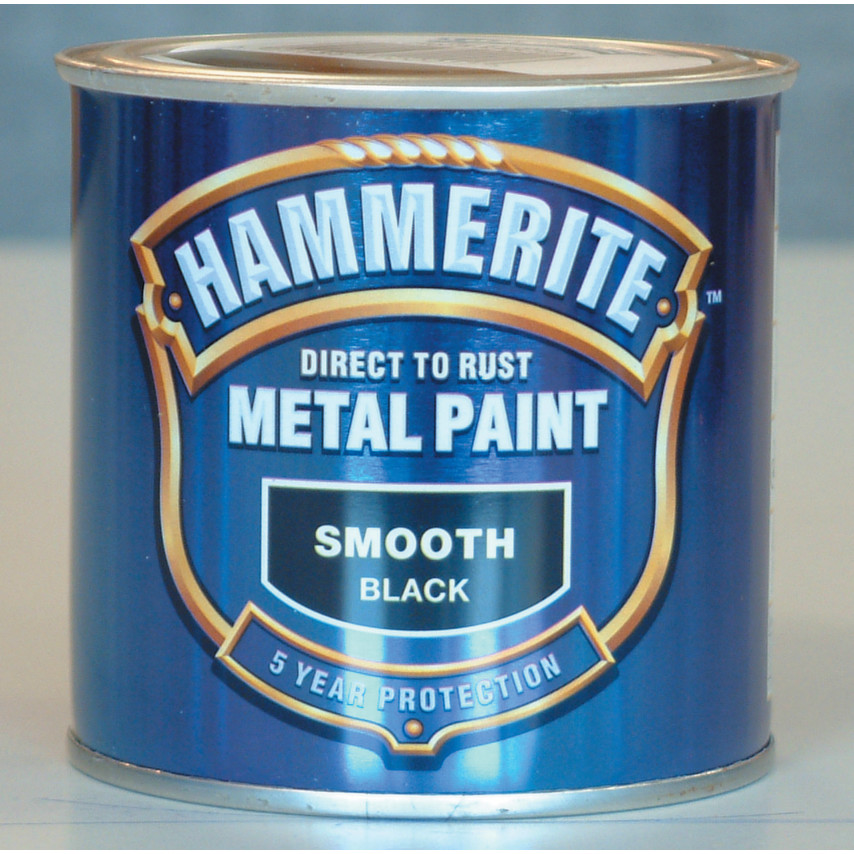 Blue metal paint can featuring "Hammerite" branding, labeled "Direct to Rust Metal Paint," with a smooth finish and 5-year protection indication.