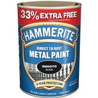 Hammerite Smooth Finish Metal Paint can, blue label, red top with "33% Extra Free," black smooth finish indicator.