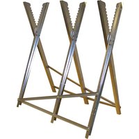 Steel log saw horse with three V-shaped supports and serrated edges for gripping logs.
