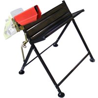 Black Handy saw horse with red chainsaw support and sturdy metal frame.