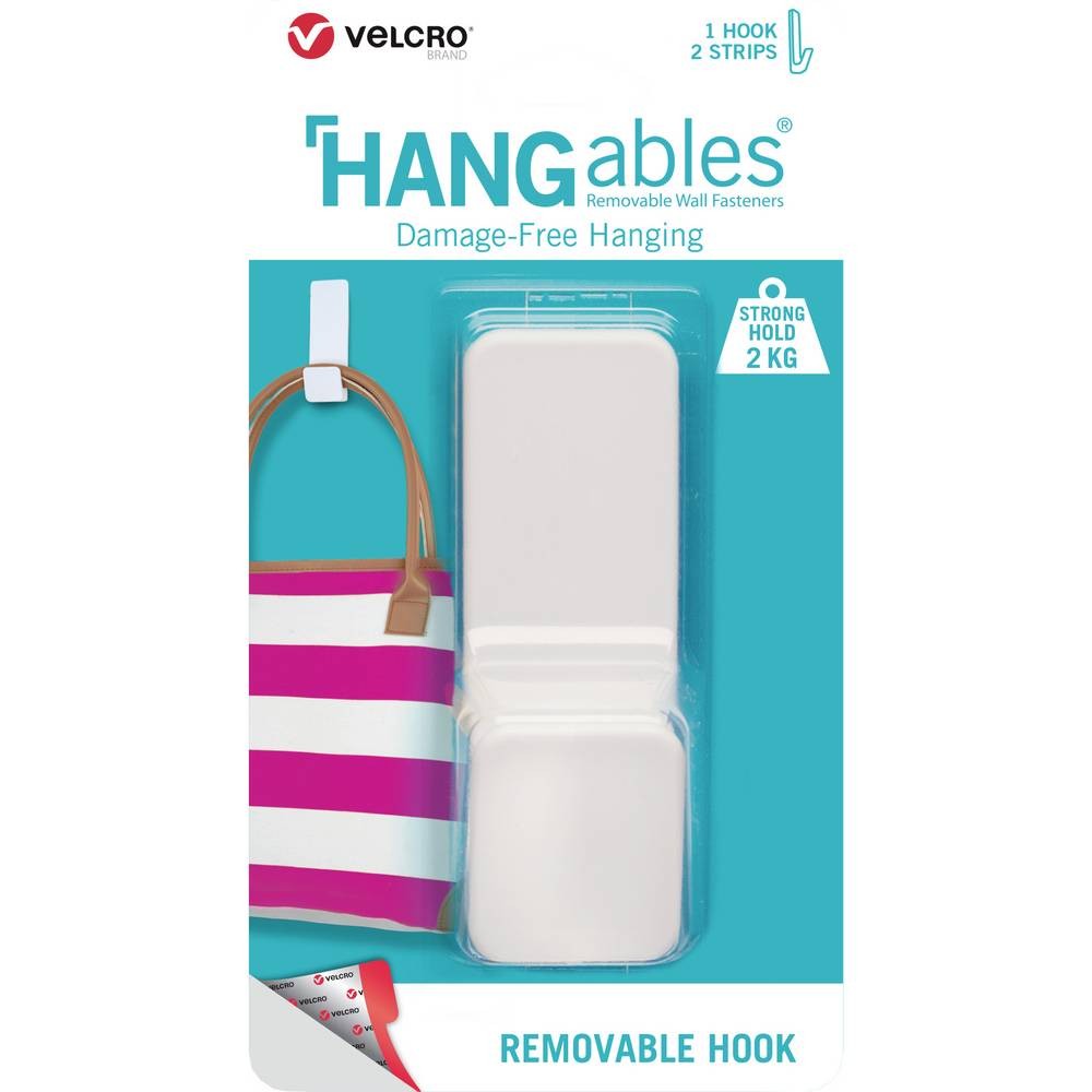 White removable hook tape packaged in a clear plastic blister, featuring a striped pink and white bag, labeled "HANGables" with a strong hold of 2 kg.