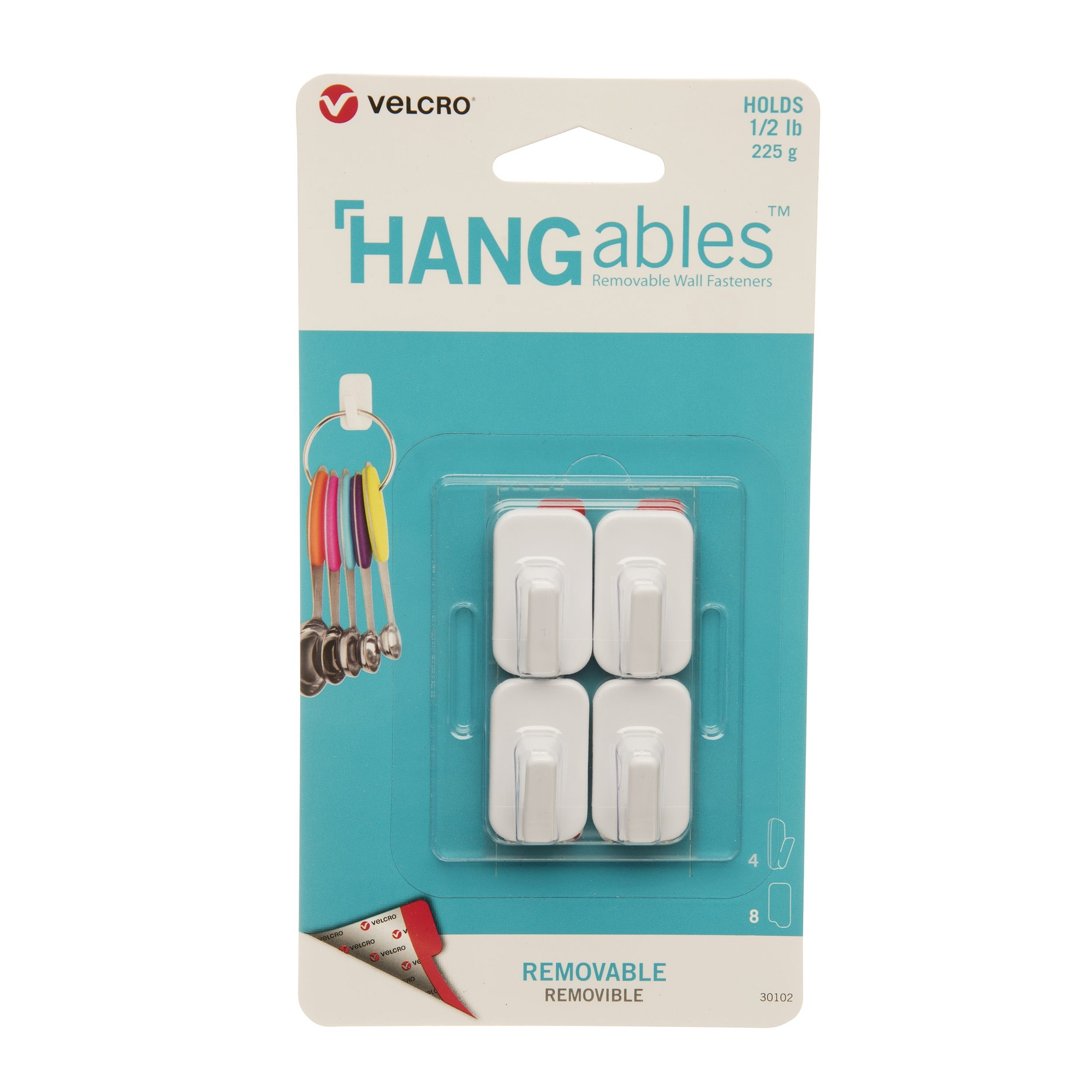 Four white removable adhesive hooks packaged on a card, featuring a clear plastic backing and a Velcro logo, designed to hold up to 0.5 lbs each.