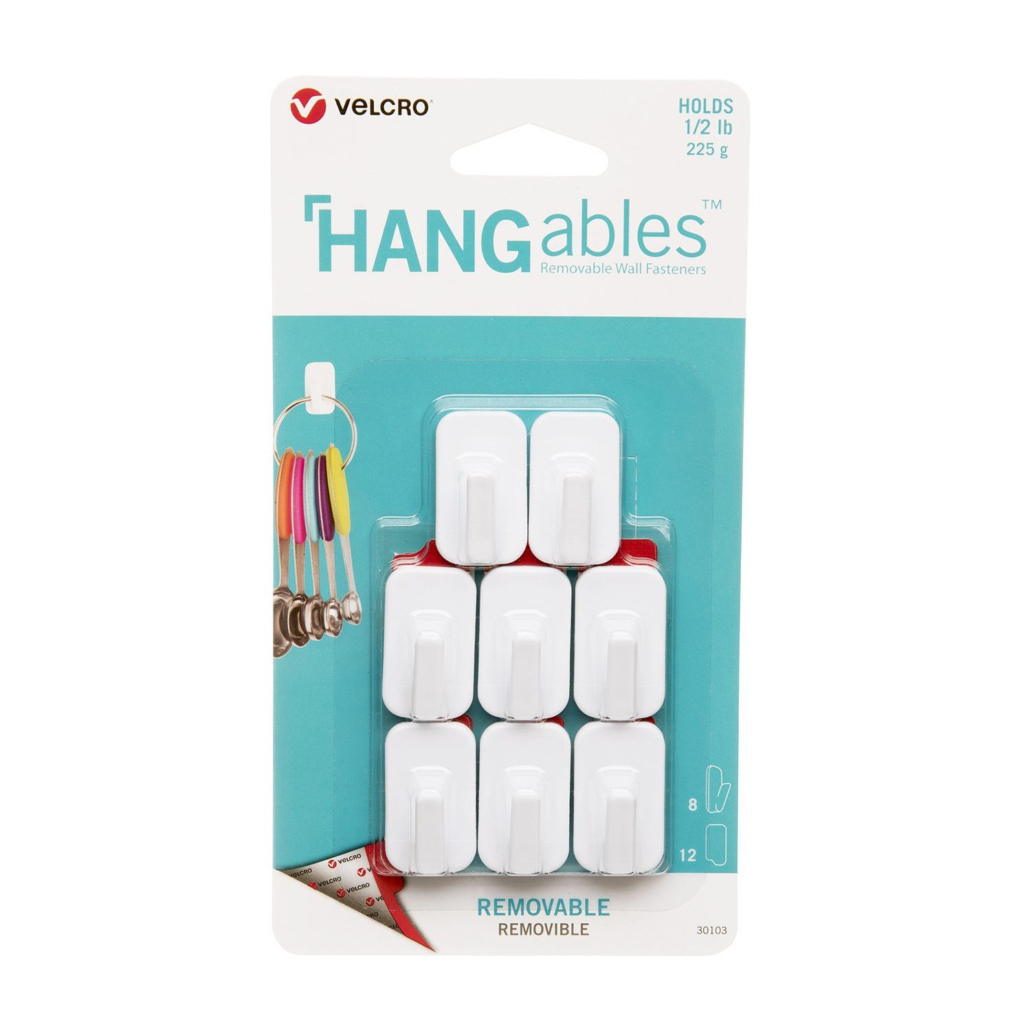 White removable wall fasteners in a pack of eight, featuring a smooth plastic design with adhesive backing, ideal for hanging lightweight items.