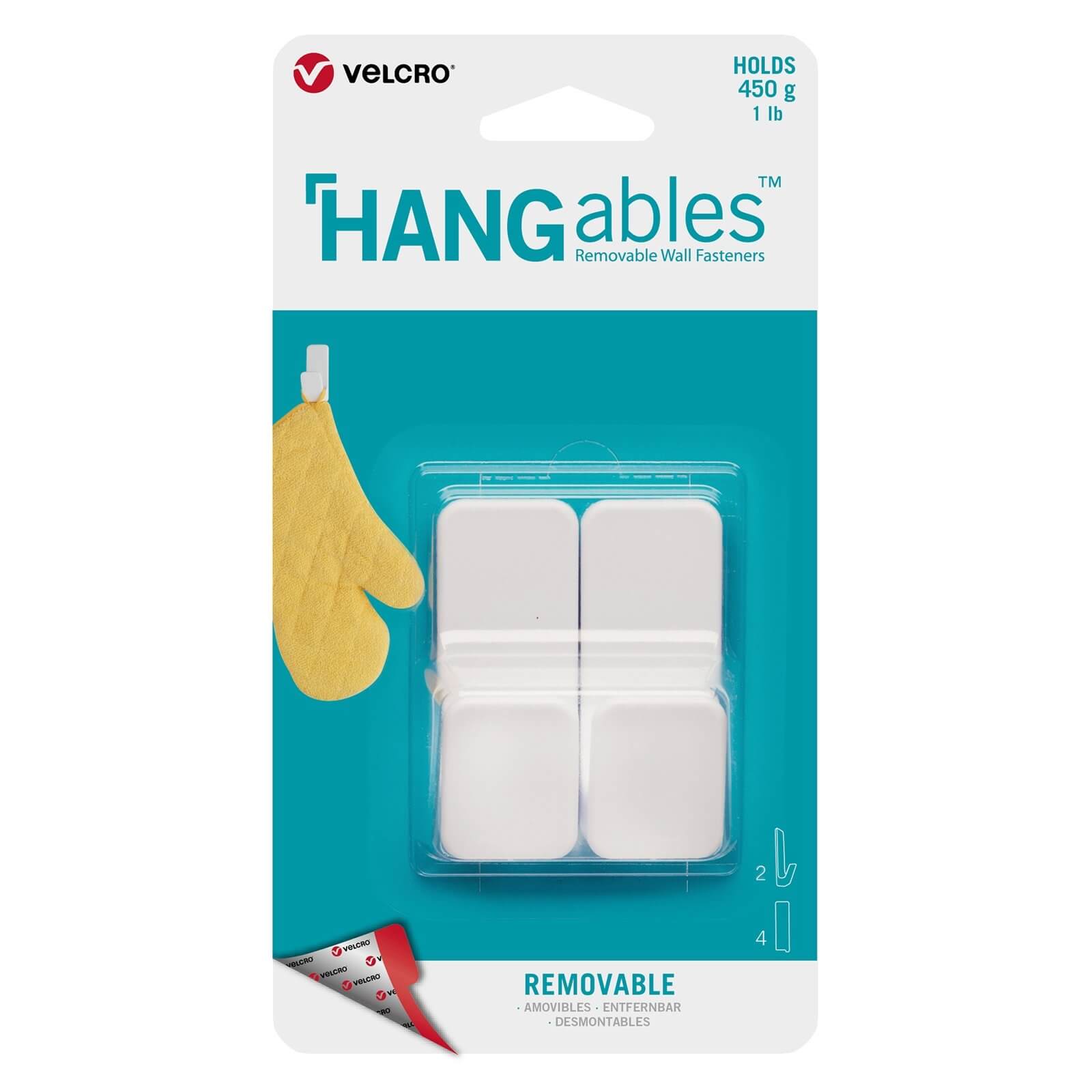 White Velcro tape package containing two removable wall fasteners, featuring a clear plastic backing and a blue and white design with a yellow glove illustration.