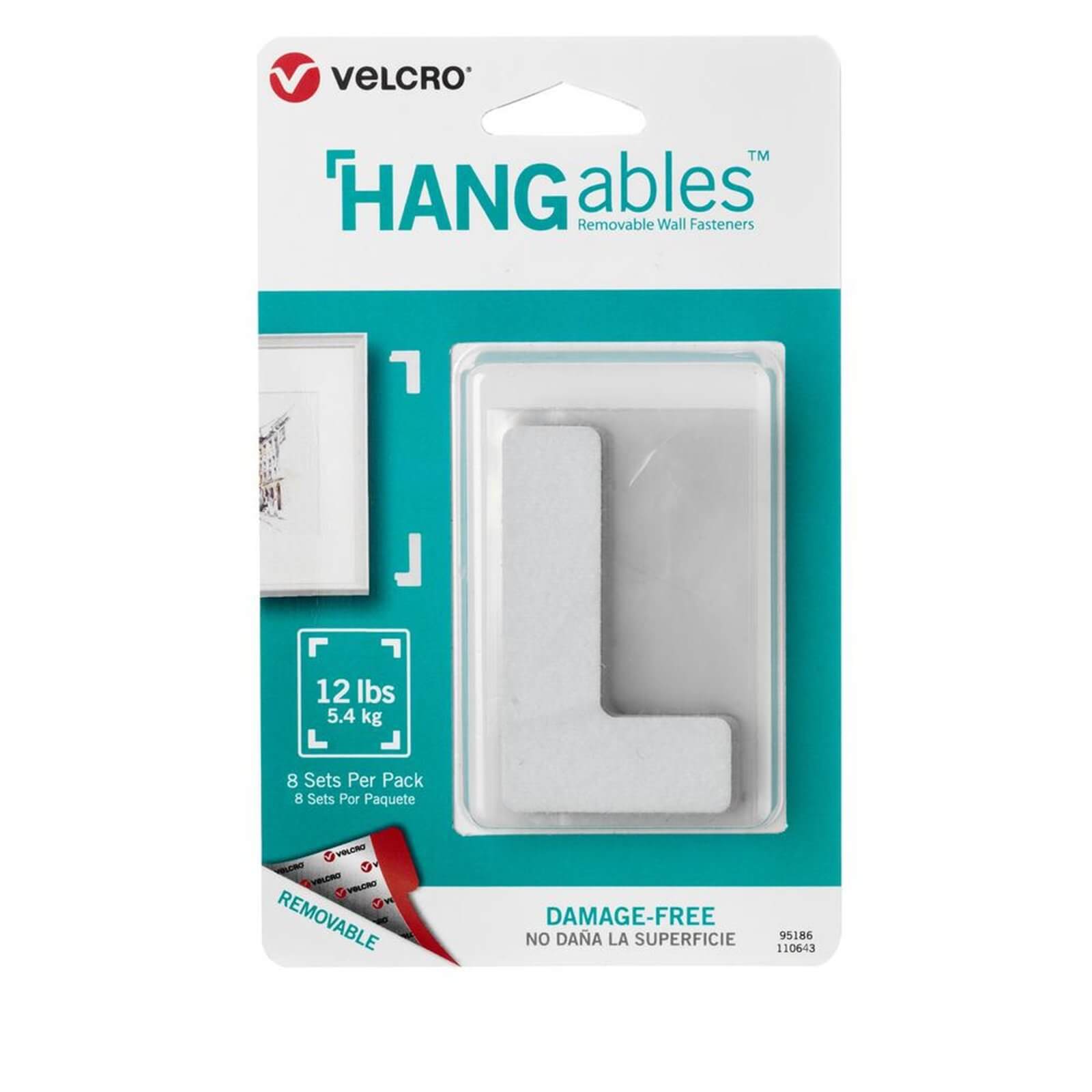 White L-shaped picture hanging fasteners in a clear plastic packaging, labeled "VELCRO® Brand HANGables™," capable of holding up to 12 lbs, featuring a damage-free design.