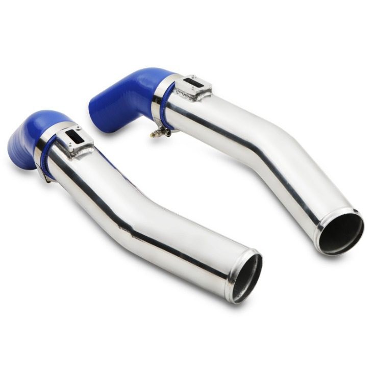 Two polished aluminum hard induction intake pipes with blue silicone bends, designed for Nissan R35 GTR models from 2007 and onwards, featuring secure clamps for attachment.