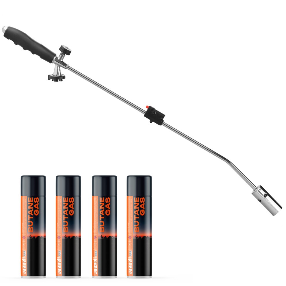 Weed burner wand with a stainless steel body, black rubber grip, and adjustable flame, accompanied by four black butane gas canisters.