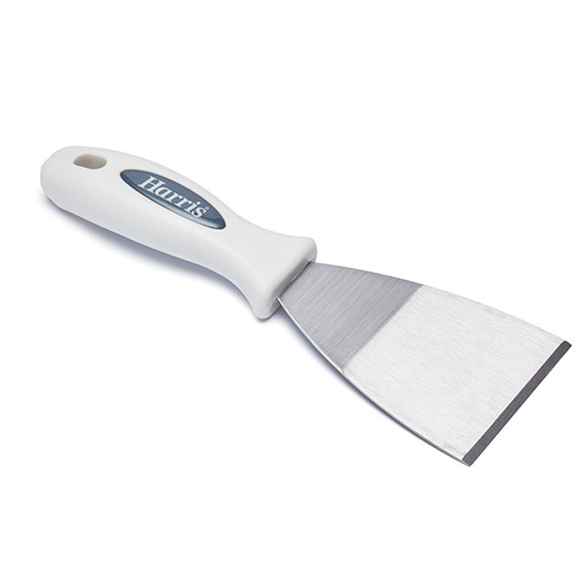 Harris 102064304 stripping knife features a 3-inch stainless steel blade with a flat edge and a white ergonomic handle, designed for easy grip and precision.
