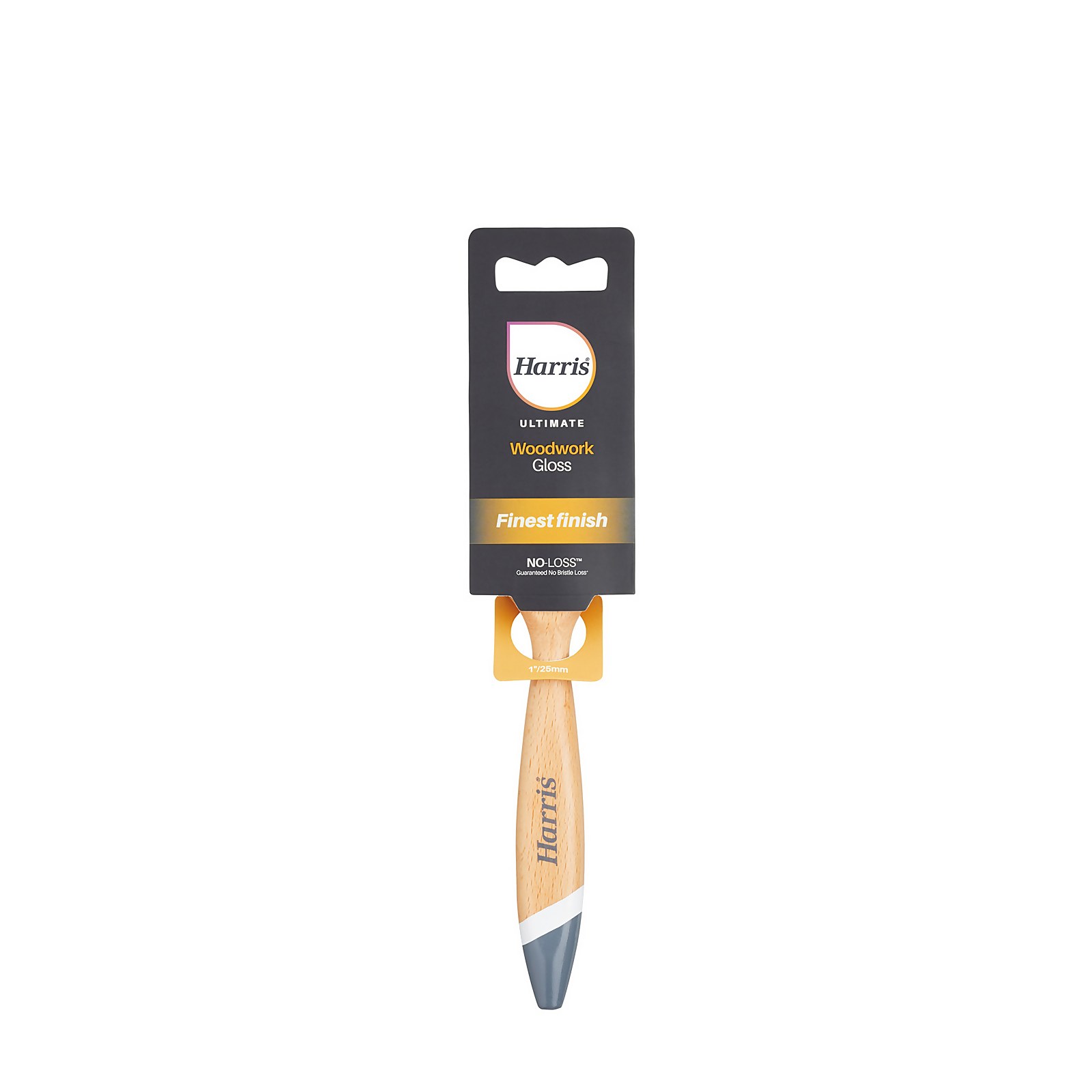 Harris Ultimate Woodwork Gloss Paint Brush, 25mm, featuring a wooden handle with a curved design, and a sleek brush head, packaged with a black and gold label.